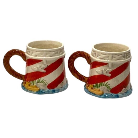 Vintage‎ 2005 Beachcombers Hand Painted Lighthouse Mugs Set of 2 - Picture 3 of 7